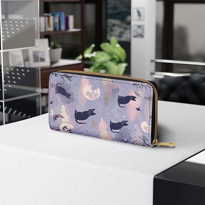 Womens Wallet,RFID Blocking Large Capacity Clutch,Zip Around Leather Purse with 8 Card Slots,Bill Compartments Coin Pocket - Cute Cat and Moon