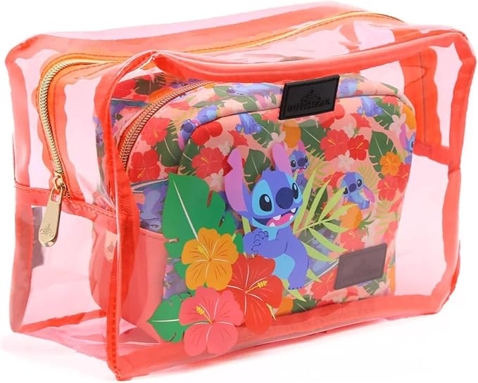 Impressions Vanity 2 PCs Disney Stitch Clutch Set for Makeup Accessories, Water Resistant Zippered Travel Cosmetic Bag Organizer for Makeup Brush, Lipstick, Skincare, and Toiletries (Coral)