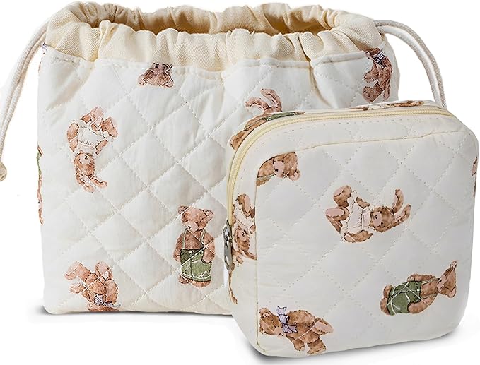 HAPPYHEIDI Quilted Cotton Drawstring Makeup Bag Set 2 Size w Compartment Cosmetic Toiletry Travel Pouch,Purse Organizer,Brown Teddy Bears