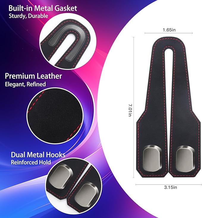 2Pcs Car Headrest Hooks with Premium Leather, Upgraded Double Metal Hooks with Anti-Drop Design, Universal Back Seat Hanger for Bags, Coats, Purses and Groceries (Stylish Black)