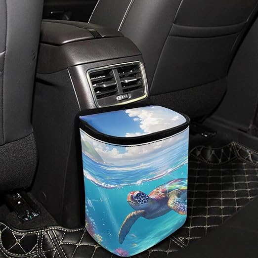 Biyejit Turtle Print Car Trash Can with Lid Collapsible Waterproof Reusable Automotive Garbage Bin with Adjustable Strap Car Accessories Interior Cars Organizer