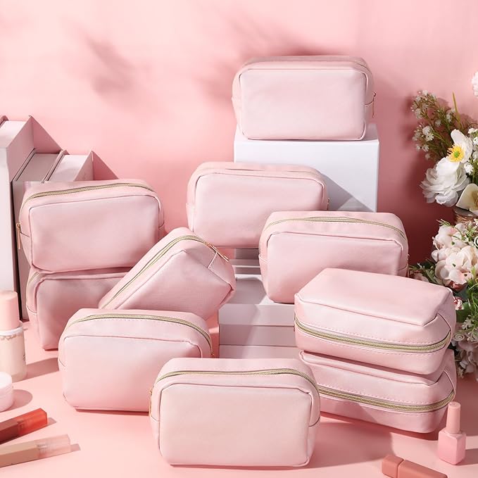 Sweetude 10 Pcs Makeup Bag Bulk for Women Preppy Gift PU Leather Cosmetic Bag Small Skincare Toiletry Pouch Mother Travel Cosmetic Pouch for Bridesmaid Bride Wedding Gift Favors (Rose Gold)