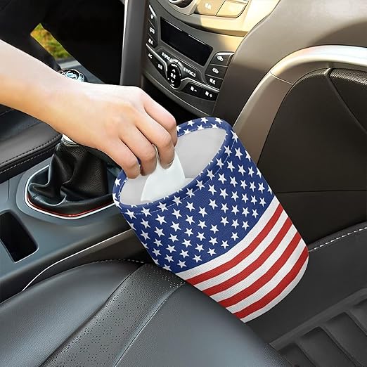 America Flag Star Stripes Multifunctional Console Basket Rubbish Bin Portable Car Waste Basket Container Waterproof Auto Storage Box Travel Accessories