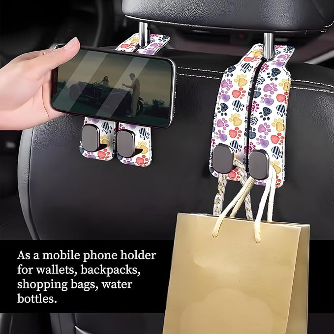 Car Seat Headrest Hook, Universal Leather Cute Hanger Holder Hook, Storage Organizer Interior Accessories for Purse Bags Handbag Cute Colorful Dog Paws