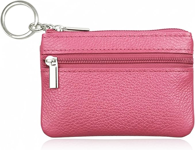 Hibate Pink Small Leather Coin Purse Change Pouch for Women Men Kids with Zip Key Ring