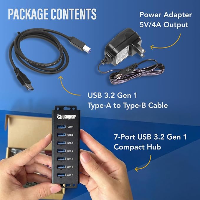 USBGear 7-Port USB Hub 3.2 Gen 1 – Mountable SuperSpeed Data Hub with USB Ports for Laptop, PC, Desktop, and More, 5V/4A Power Adapter with Type-A to Type-B Cable (3ft), Computer Accessories