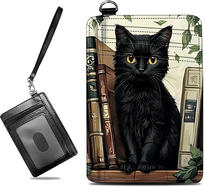 Small Travel Wallets, Black Cat Books Slim Minimalist Front Pocket Wallet with Wristlet, RFID Blocking PU Leather Credit Card Holder with ID Window Change Purse for Men Women