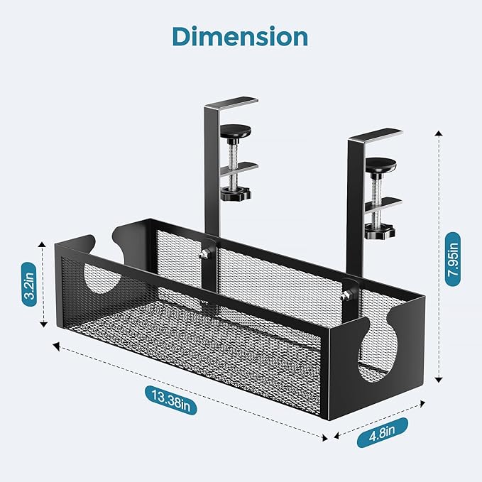 YECAYE No-Drill Metal Under Desk Cable Management Tray, Power Strip & Cable Organizer for Home Office,Under Desk Storage,Organizer Tray,Black