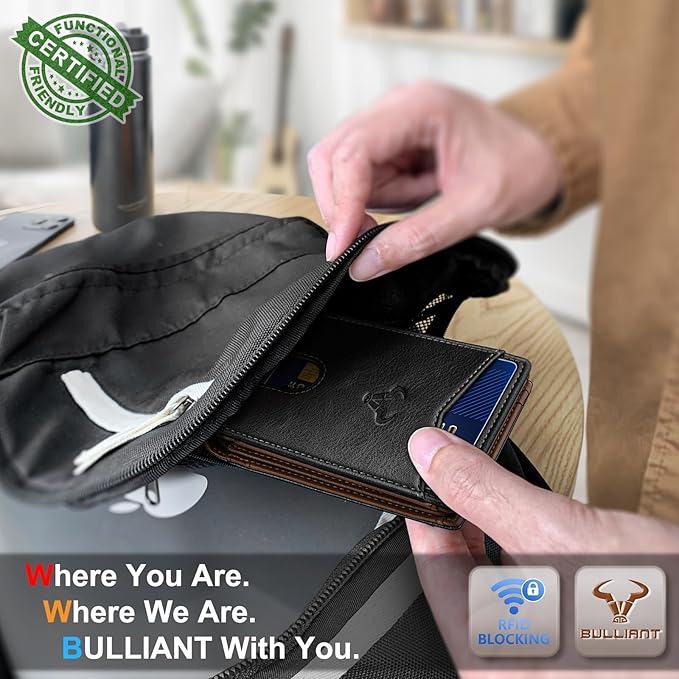 BULLIANT Men Wallet, Slim Leather Wallet Front Pocket Card Holder Gift For Men 11 Slots RFID Blocking