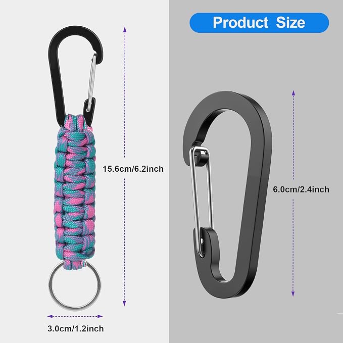 2 Pieces Paracord Keychain with Carabiner,Lanyard Clip for Keys Water Bottle Holder Backpack