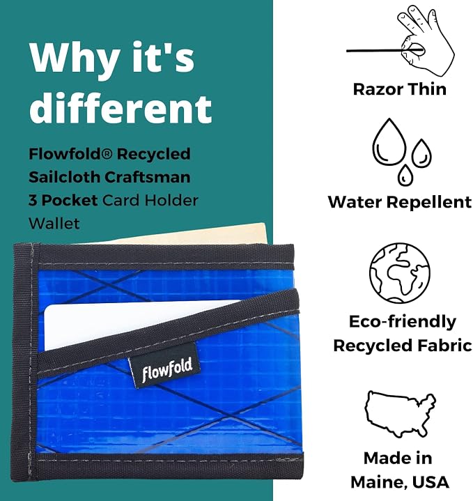 Flowfold Recycled Sailcloth Wallets - 3 Pocket Card Holder Wallet, Front Pocket Wallet, Slim Card Holder Wallet Made in USA (Blue Sailcloth)