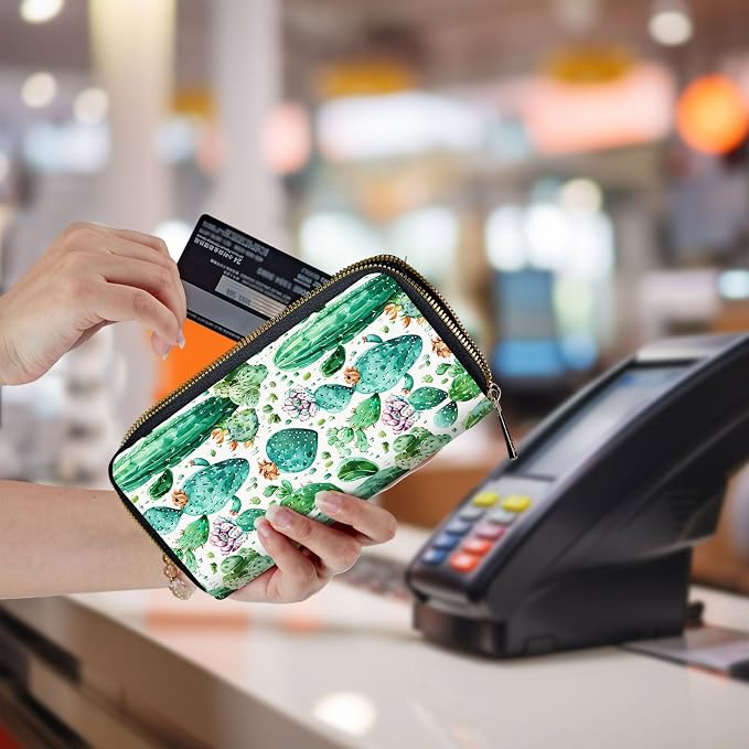 Wallet,Leather Long Wallet Suitable For Ladies And Teenagers - Detachable Wristband + RFID Travel Wallet With Card Slot - Cute Cactus