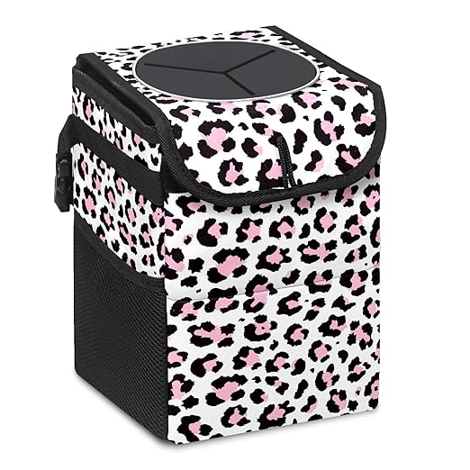Car Trash Can Cheetah Pink Black Leopard Print Wate-rproof Auto Garbage Bag Car Trash Can with Lid Leak-Proof Car Storage Bag Hanging for Headrest Collapsible and Portable with Storage Mesh Pocket