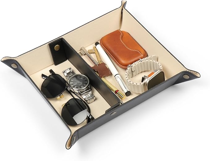 Londo Leather Tray Organizer - Practical Lightweight Water Resistant Computer Table Desk Storage Box for Wallets, Watches, Keys, Coins, Cell Phones and Office Equipment