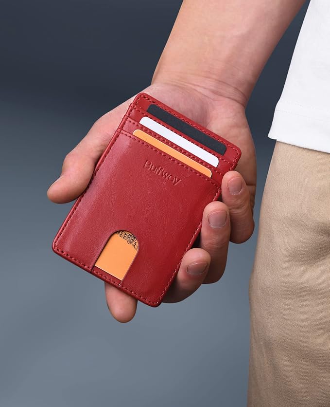 Buffway Mens Slim Wallet, Minimalist Thin Front Pocket Leather Credit Card Holder with RFID Blocking for Work Travel | Minimalist, Thin, Front Pocket, Credit Card Holder, RFID Blocking, for Work Travel