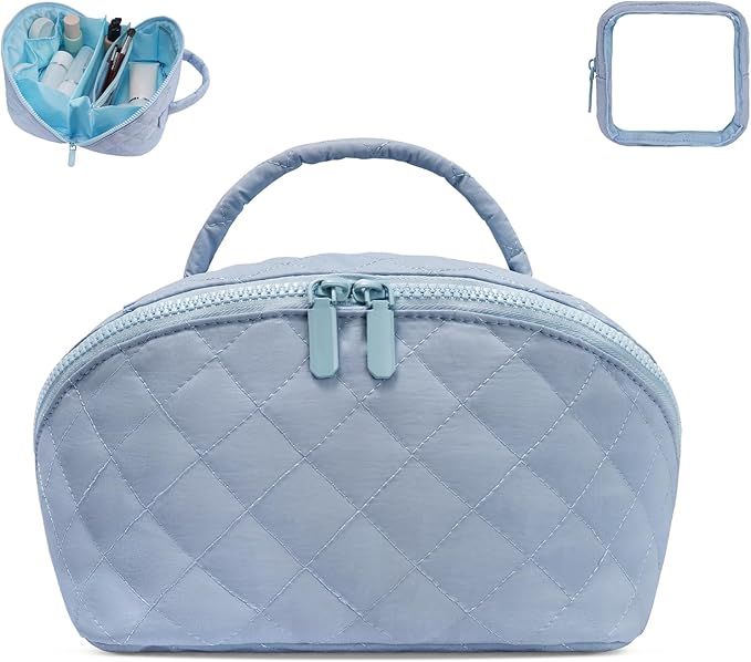 Makeup Bag,Quilted Puffer Cosmetic Bag for Women, 180° Lay-Flat Travel Make up Bag, Waterproof Large Capacity Toiletry Bag with Sturdy Zippers, Portable Makeup Organizer for Travel & Daily Use