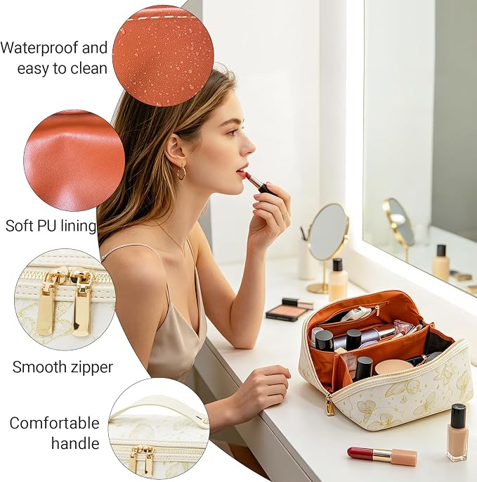 Travel Makeup Bag with Compartments & Organizers – Flat Open Cosmetic Pouch for Women, Purse-Style Design for Traveling, Perfect for Toiletries & Cosmetics for Women(Beige)