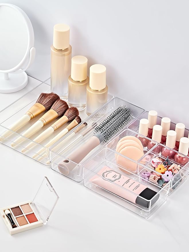 SMARTAKE 37-Piece Drawer Organizer with Non-Slip Silicone Pads, 4-Size Desk Drawer Organizer Trays Storage Tray for Makeup, Jewelries, Utensils in Bedroom Dresser, Office and Kitchen (Clear)