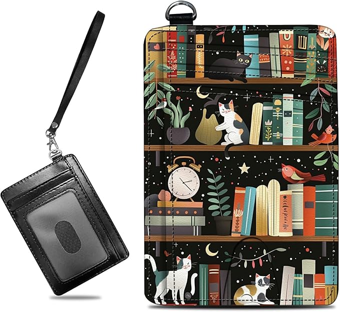 Small Travel Wallets, Cats Library Slim Minimalist Front Pocket Wallet with Wristlet, RFID Blocking PU Leather Credit Card Holder with ID Window Change Purse for Men Women