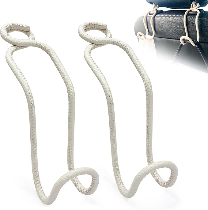 Purse Hooks for Car - 2 Pack Universal Back Seat Storage Holder with Anti-Drop Lock Loop for Vehicle Truck SUV, Car Headrest Hanger for Hat Bag Grocery Handbag Coat Must Have Stuff- Beige Leather/2L