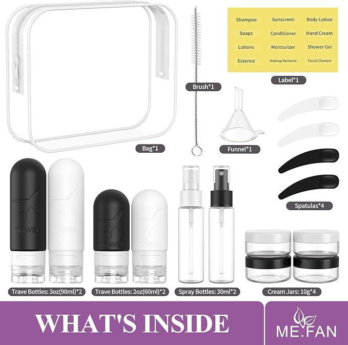 ME.FAN 18 Pack Travel Bottles for Toiletries, TSA Approved Travel Size Containers Set, Silicone Squeezable Portable Split Bottle, Travel Accessories for Conditioner, Shampoo, Lotion - Black/White