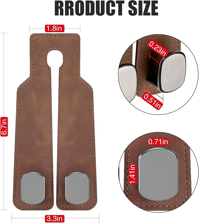 TwinHook Leather Car Headrest Hangers, Car Headrest Hooks for Purse and Bags, 2-in-1 Leather Car Seat Back Storage Hook, Anti-Slip Purse Holder for Car, Supports Up to 50 lbs (Brown-2 Pack)