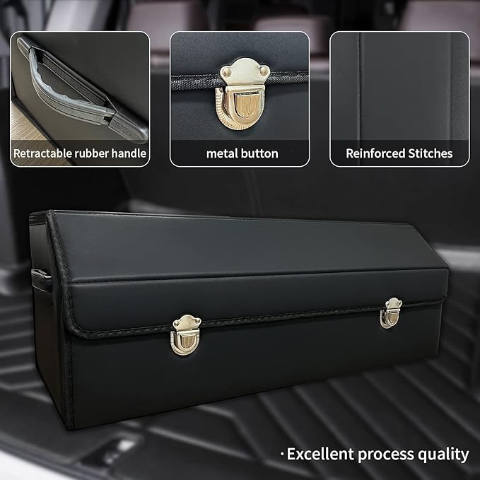 Car Trunk Organizer with Lid,Foldable Faux Leather Cargo Storage Box,3 Compartments,Collapsible Multi-Functional for SUV,Sedan,Vehicle Trunk