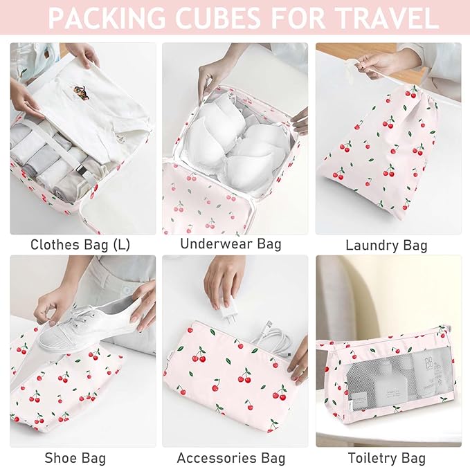 KPX 8 Set Packing Cubes for Travel, Luggage Packing Organizers Accessories Large Toiletries Bag for Clothes Shoes Cosmetics (Cherry)