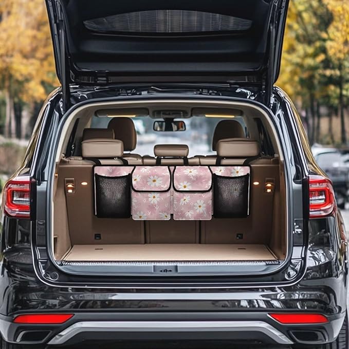 Daisy Printed Trunk Organizer for Car Foldable Trunk Storage Organizer with 4 Pocket & 3 Adjustable Straps Wear-Resistant Oxford Fabric Multipurpose Cargo Bag