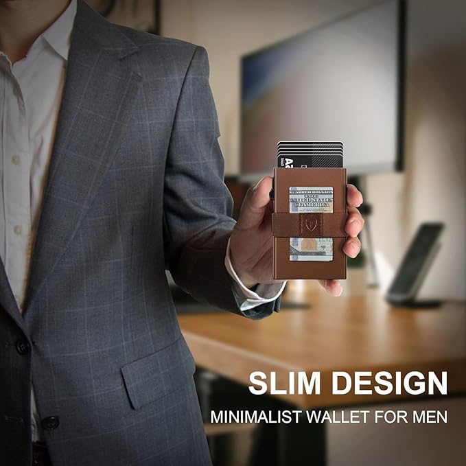 TOYFID Minimalist Wallet for Men,Slim Wallet Compatible with AirTag,Card Holder Metal Wallet,Pop Up Wallet,Metal Card Holder,Quick Access Card,Rfid Blocking Protection,Hold 12+ Credit Cards (Brown)