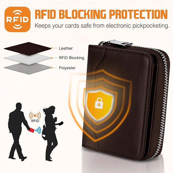 HUANLANG Mens Wallet RFID Blocking Multi Card Holder Wallets for Men Bifold Wallet with Zipper Small Men's Leather Wallet