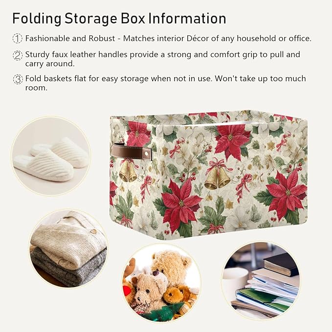 Aslsiy Storage Basket Christmas Botanical Plants Flowers Bells Nursery Bins Baby Canvas Box Clothes Shelf Basket Laundry Hampers 2 Pcs