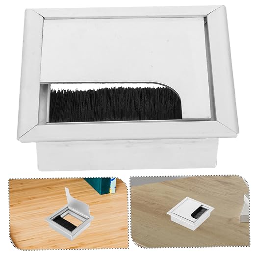 Aluminum Alloy Cable Management Box Stylish Square Desk Grommet Dustproof Brush Lining Wire Organizer for Home Office Cord Cover Silver