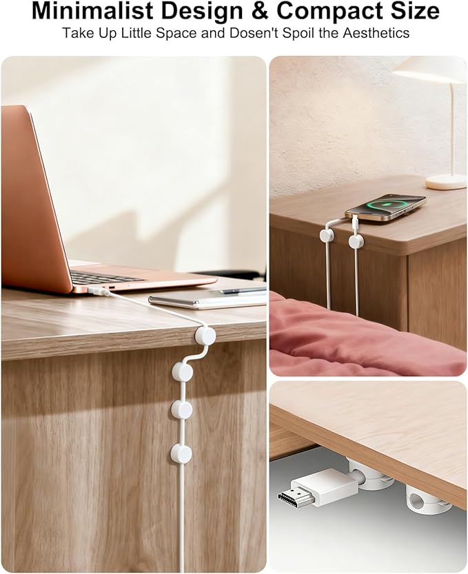 OneLeaf 8 Pack Magnetic Cable Clips, Rotatable Cable Management Clips for Desk & Wall, Strong Adhesive Cord Organizer for Phone Chargers, Ethernet & Cable Wires, Home Office Car, White