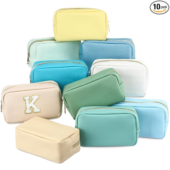 Sweetude 10 Pcs Makeup Bag Bulk for Women Preppy Gift PU Leather Cosmetic Bag Small Skincare Toiletry Pouch Mother Travel Cosmetic Pouch for Bridesmaid Bride Wedding Gift Favors (Blue Green Yellow)