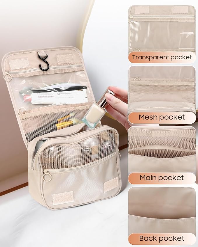 FINPAC Toiletry Bag, Large Capacity Hanging Makeup Bag with Waterproof PVC Compartment, Travel Cosmetic Organizer for Women, Makeup Lovers, Cruise, Gym, and Family Trips, Beige