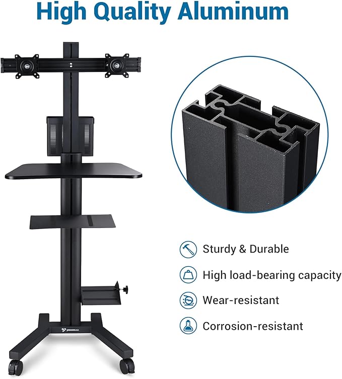 AW 32" Mobile PC Stand Workstation, Height Adjustable Dual Monitor Mount, Rolling Computer Cart on Wheels, Black