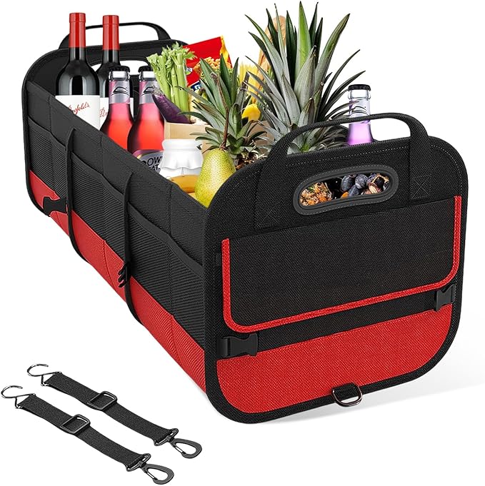 Car Trunk Organizer, Large Capacity Collapsible Cargo Organizer with Adjustable Straps Reinforced Handles, Multi-Compartment Trunk Storage Box for Car Truck SUV Sedan (Black & Red)