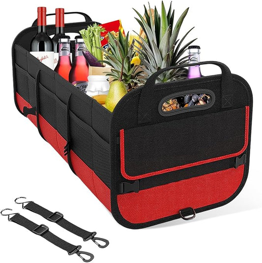 Car Trunk Organizer, Large Capacity Collapsible Cargo Organizer with Adjustable Straps Reinforced Handles, Multi-Compartment Trunk Storage Box for Car Truck SUV Sedan (Black & Red)