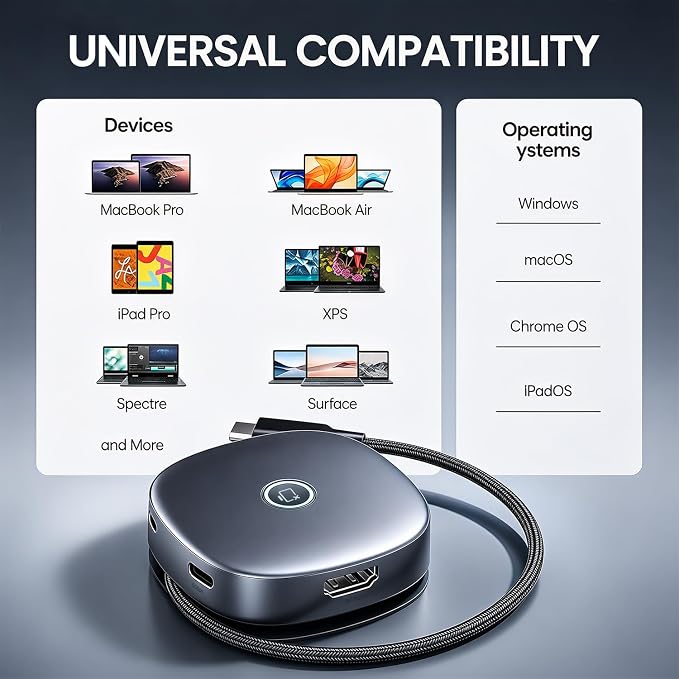 7-in-1 Compact Magnetic USB C Hub with One-Touch Display Off, 4K@60Hz HDMI, 100W PD, 2 USB-A & 1 USB-C 5Gbps, SD/TF Card Reader, Built-in Cable Storage for MacBook, Laptop, Meeting and Travel