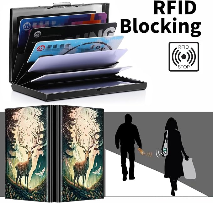 Metal Wallet, Credit Card Holder for Women Men Girls, RFID Blocking Aluminum Wallet Slim Hard Case, Mini Travel Wallet, ID Card Holder Business Card Case,Art Deer