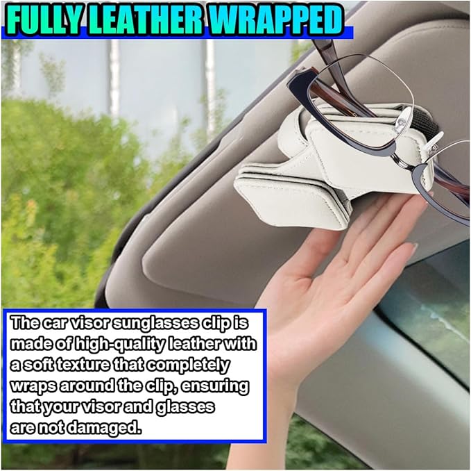 Sunglass Holder for Car Visor, Magnetic Leather Glasses Eyeglass Clip, Car Hanger Mount Ticket Card Clip, Auto Visor Organizer Accessories (White)