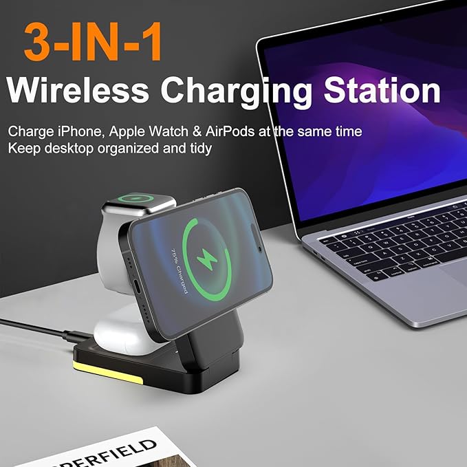 3-in-1 Travel Magnetic Charging Station for iPhone 17/17 Pro/17 Pro Max/Air/16 15 14 13 12 Pro Max Plus mini/Apple Watch/Airpods, Foldable Portable Wireless Charger Stand with Night Light-Black