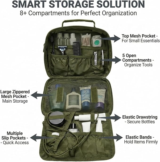 VELVEBAG ﻿Tactical Toiletry Bag for Men, Mens Toiletry Travel Bag, Hanging Dopp Kit Waterproof TravelShaving Hygiene Bag, Bathroom Multi-pocket Organizer, for Short Trips, Camping & Gym, Green