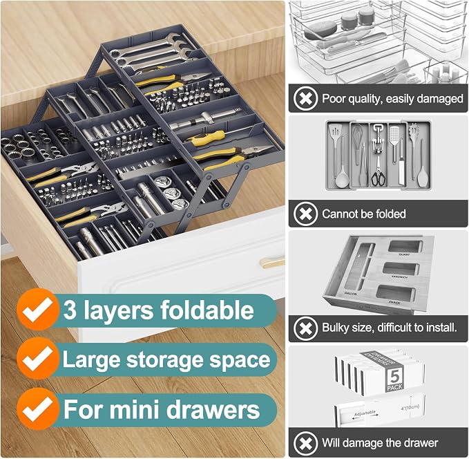 Meqtpomy Multi Level Smart Drawer Organizer – 3 Tier Expandable Drawer Organizer – Jewelry, Junk, Makeup, Silverware Storage Organizer – Perfect for Kitchen, Desk, Medicine Cabinet & More（SMALL）
