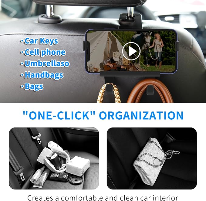 Upgraded Car Headrest Hidden Hook 2 in 1 Car Seat Hooks with Phone Holder for Purse, Hangers Vehicle Organizer ，Durable Hanger Storage Holder Organizer