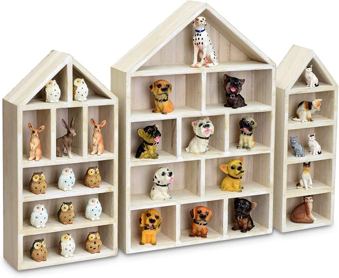 Ikee Design House-Shaped Wooden Shadow Cubby Box Display Shelf Organizer Storage Shadow Box for Mini Figures, Set of 3, Wash White Color, 10 W x 2 1/4 D x 15 H in