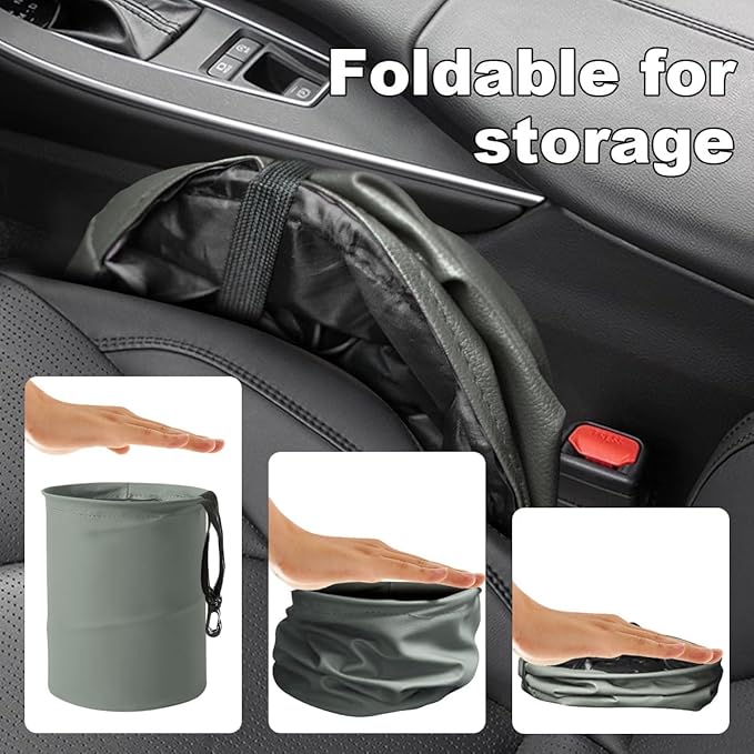 Collapsible Trash Can Car Garbage Bag - Leather Pop-up Car Trash Bin with Elastic Band - Hanging Foldable Garbage Can Vehicle Waste Basket Bin - Double-Layer Washable Bag for Cars Camping (Grey)