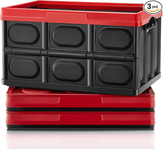 FOHERE 48L Collapsible Storage Bins with Lids 3 Packs, Stackable Storage Bins with Handles for Organizing, Camping and Tools, Heavy Duty Capacity