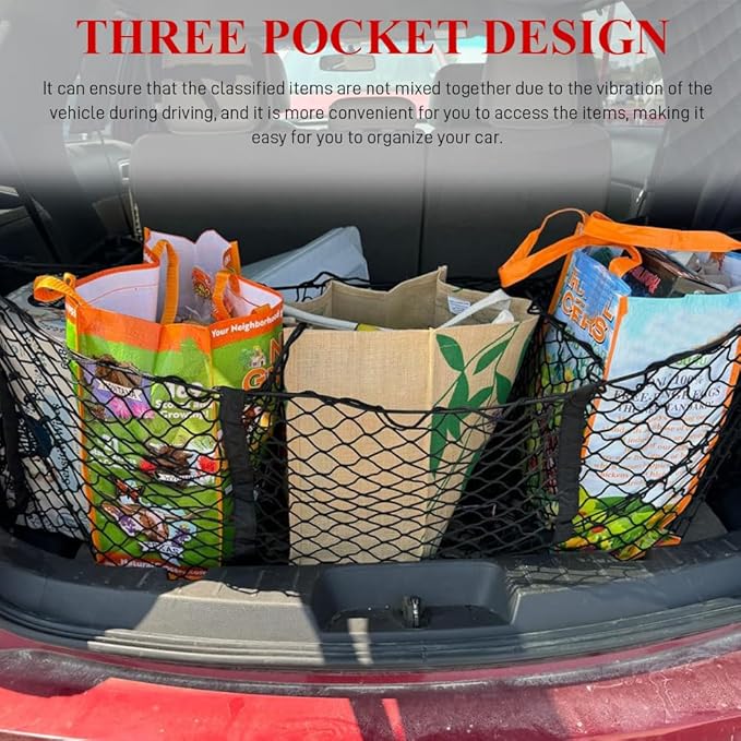 Cargo Net for Car, Truck Bed Organizer, Expandable 3 Pocket Trunk Bed Storage Organizer, Adjustable Elastic Heavy Duty Cargo Net Car Storage Accessories for Most SUV Pickup Truck (110CM)